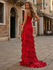 Red Ruffled Corset High-Low Long Prom Dress with Rosette