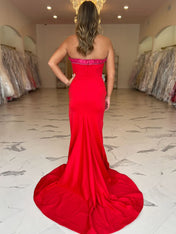 Red Ruffled Strapless Long Prom Dress with Slit