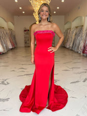 Red Ruffled Strapless Long Prom Dress with Slit