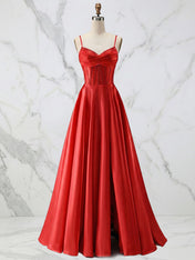 Red Satin A Line Corset Prom Dress with Beaded Boning