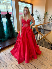Red Satin Corset Long Prom Dress with Sheer Midriff
