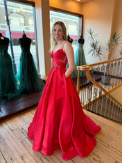 Red Satin Corset Long Prom Dress with Sheer Midriff