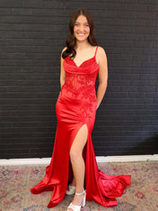 Red Satin Cowl Neck Spaghetti Strap Prom Dress with Slit