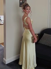 Red Satin Cowl Neck Wide Tank Straps Prom Dress with High Slit