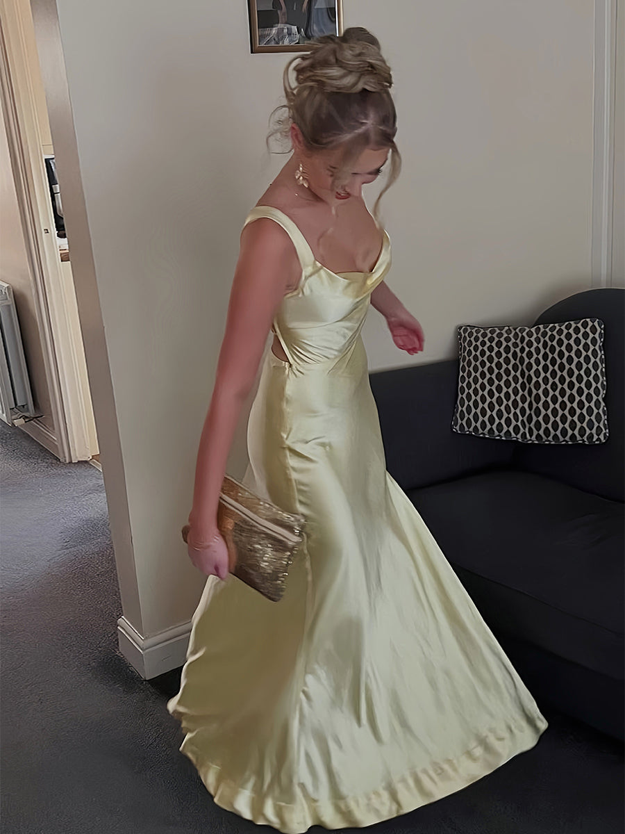 Red Satin Cowl Neck Wide Tank Straps Prom Dress with High Slit