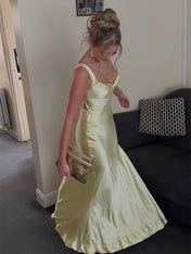 Red Satin Cowl Neck Wide Tank Straps Prom Dress with High Slit