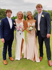 Red Satin Cowl Neck Wide Tank Straps Prom Dress with High Slit