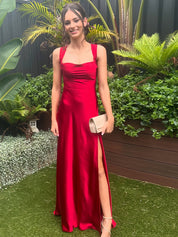 Red Satin Cowl Neck Wide Tank Straps Prom Dress with High Slit