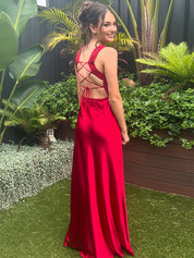 Red Satin Cowl Neck Wide Tank Straps Prom Dress with High Slit