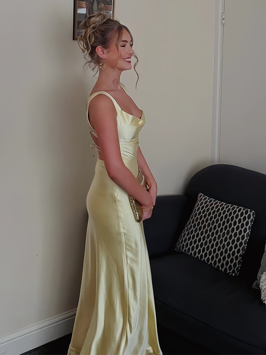 Red Satin Cowl Neck Wide Tank Straps Prom Dress with High Slit