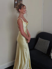 Red Satin Cowl Neck Wide Tank Straps Prom Dress with High Slit