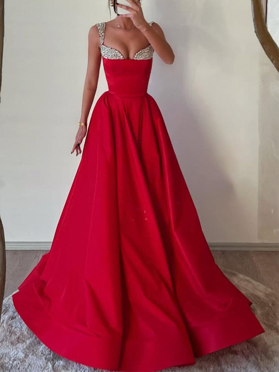 Red Satin Off-the-Shoulder Prom Dress with Crystal Encrusted Fold-Over Neckline