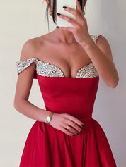 Red Satin Off-the-Shoulder Prom Dress with Crystal Encrusted Fold-Over Neckline