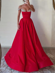 Red Satin Off-the-Shoulder Prom Dress with Crystal Encrusted Fold-Over Neckline