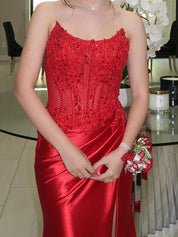 Red Satin Strapless Beaded Lace Corset Prom Dress with High Slit