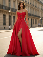 Red Satin Strapless A-Line Prom Dress with Bow Detailing