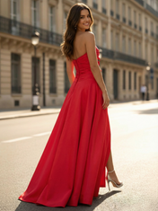 Red Satin Strapless A-Line Prom Dress with Bow Detailing
