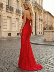 Red Sheath Lace Strapless Corset Prom Dress with High Slit