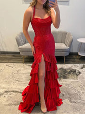 Red Shimmer Halter Tiered Ruffle Long Prom Dress with Slit