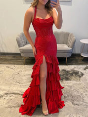 Red Shimmer Halter Tiered Ruffle Long Prom Dress with Slit