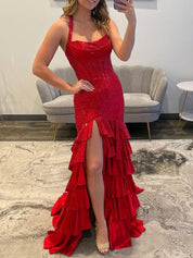 Red Shimmer Halter Tiered Ruffle Long Prom Dress with Slit
