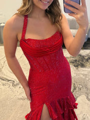 Red Shimmer Halter Tiered Ruffle Long Prom Dress with Slit