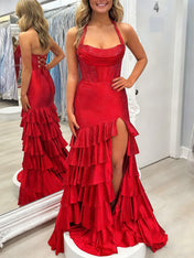 Red Shimmer Halter Tiered Ruffle Prom Dress with Slit
