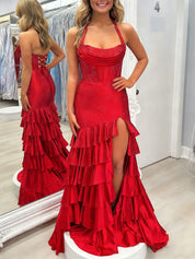 Red Shimmer Halter Tiered Ruffle Prom Dress with Slit