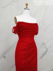 Red Shimmer Off-Shoulder Long Prom Dress with High Slit