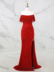 Red Shimmer Off-Shoulder Long Prom Dress with High Slit
