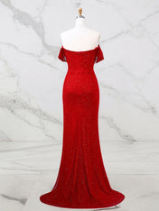 Red Shimmer Off-Shoulder Long Prom Dress with High Slit