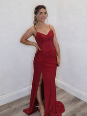 Red Spaghetti Strap Corset Prom Dress with Beaded Appliqués