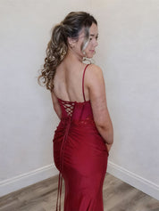 Red Spaghetti Strap Corset Prom Dress with Beaded Appliqués