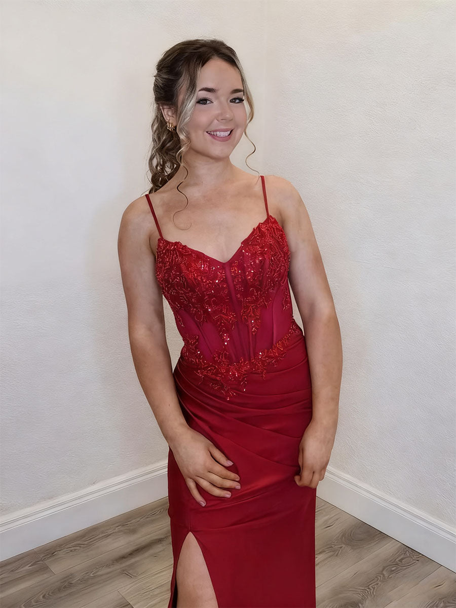 Red Spaghetti Strap Corset Prom Dress with Beaded Appliqués