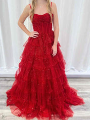 Red Spaghetti Straps Tulle Tiered Ruffle Prom Dress