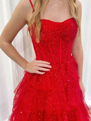 Red Spaghetti Straps Tulle Tiered Ruffle Prom Dress