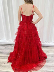 Red Spaghetti Straps Tulle Tiered Ruffle Prom Dress
