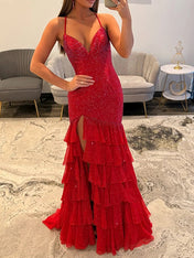 Red Sparkly Halter Neck Tiered Mermaid Long Prom Dress with Slit