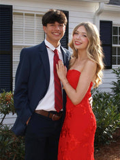 Red Strapless 3D Floral Ankle-Length Prom Dress