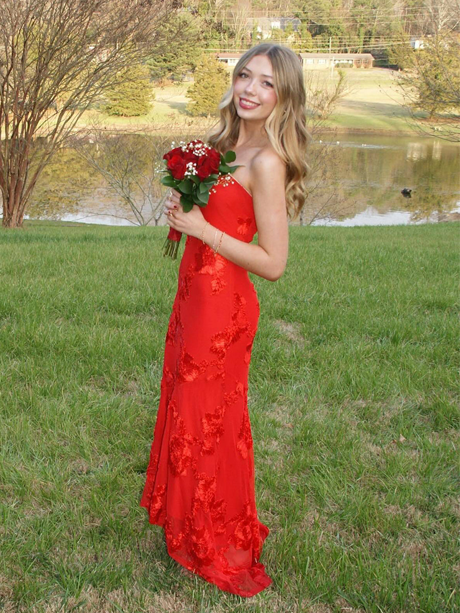 Red Strapless 3D Floral Ankle-Length Prom Dress