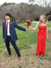 Red Strapless 3D Floral Ankle-Length Prom Dress