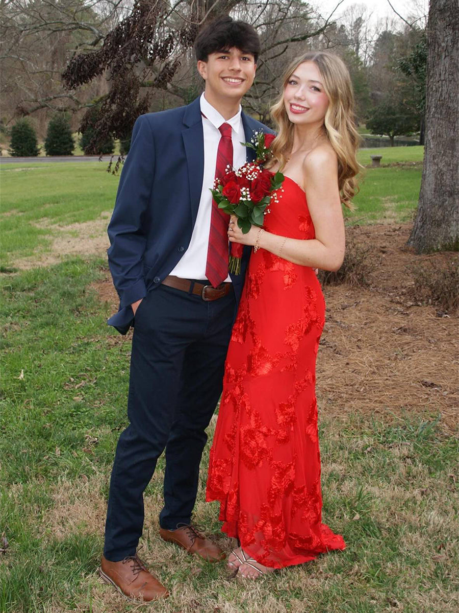 Red Strapless 3D Floral Ankle-Length Prom Dress