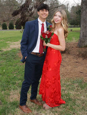 Red Strapless 3D Floral Ankle-Length Prom Dress