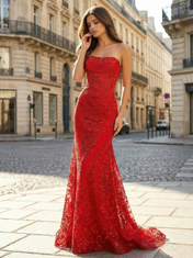 Red Strapless Beaded Corset Satin Evening Prom Dress with High Slit