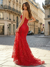 Red Strapless Beaded Corset Satin Evening Prom Dress with High Slit