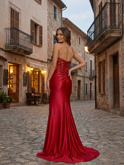 Red Strapless Beaded Lace Corset Satin Long Prom Dress with Slit