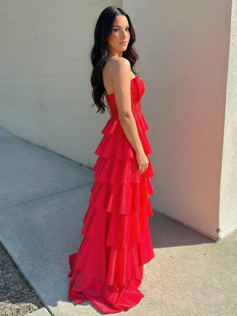 Red Strapless Bow Front Tiered Ruffle Prom Dresses