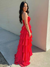 Red Strapless Bow Front Tiered Ruffle Prom Dresses