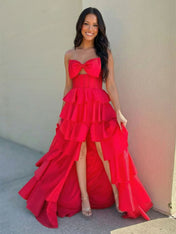 Red Strapless Bow Front Tiered Ruffle Prom Dresses