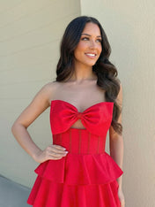 Red Strapless Bow Front Tiered Ruffle Prom Dresses